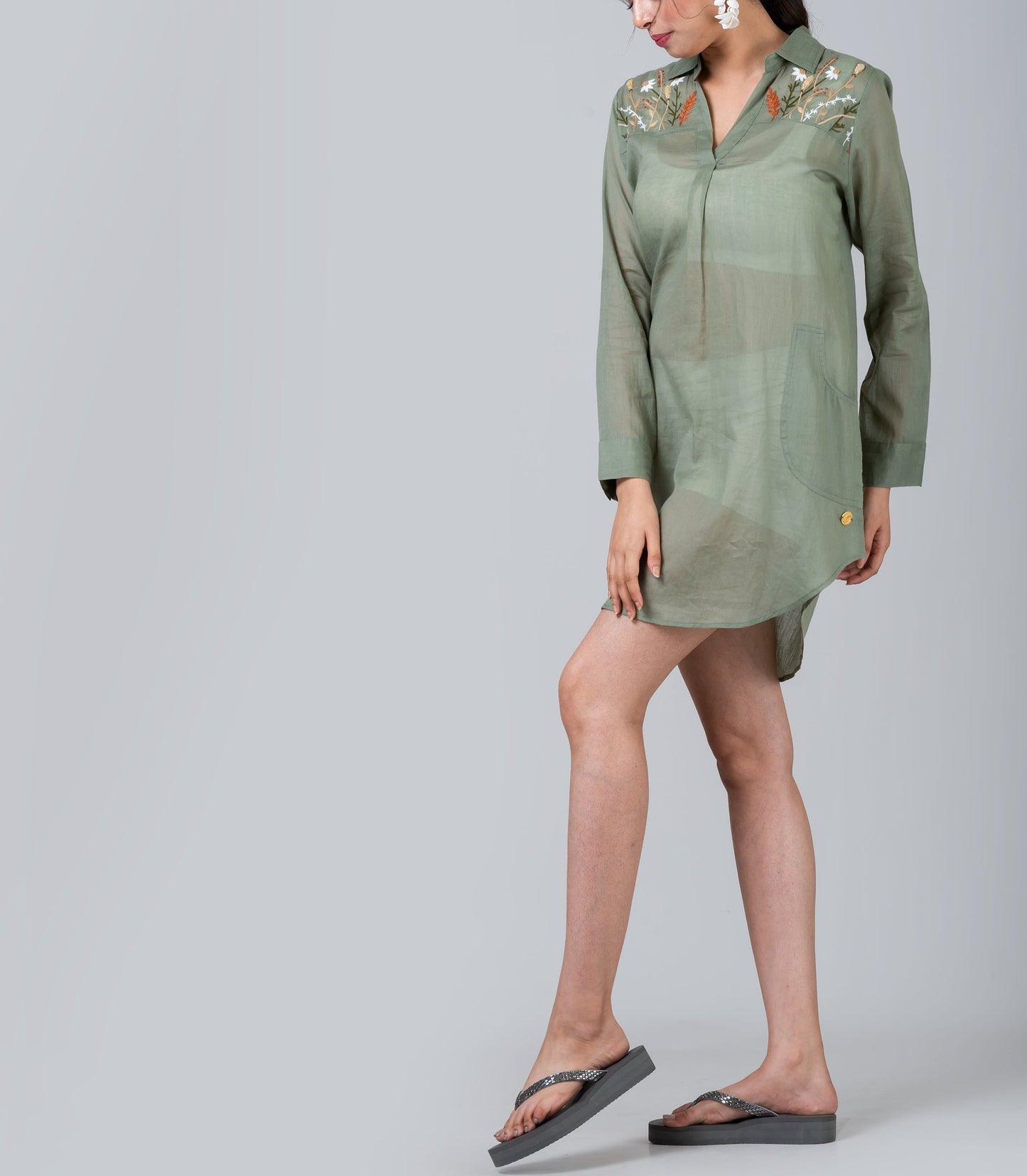 Olive Green Embroidered Voile Cover-up Dress