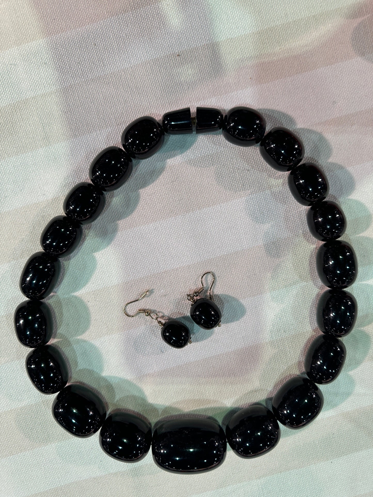 Black Chunky Round Beaded Necklace Matching Earring Set