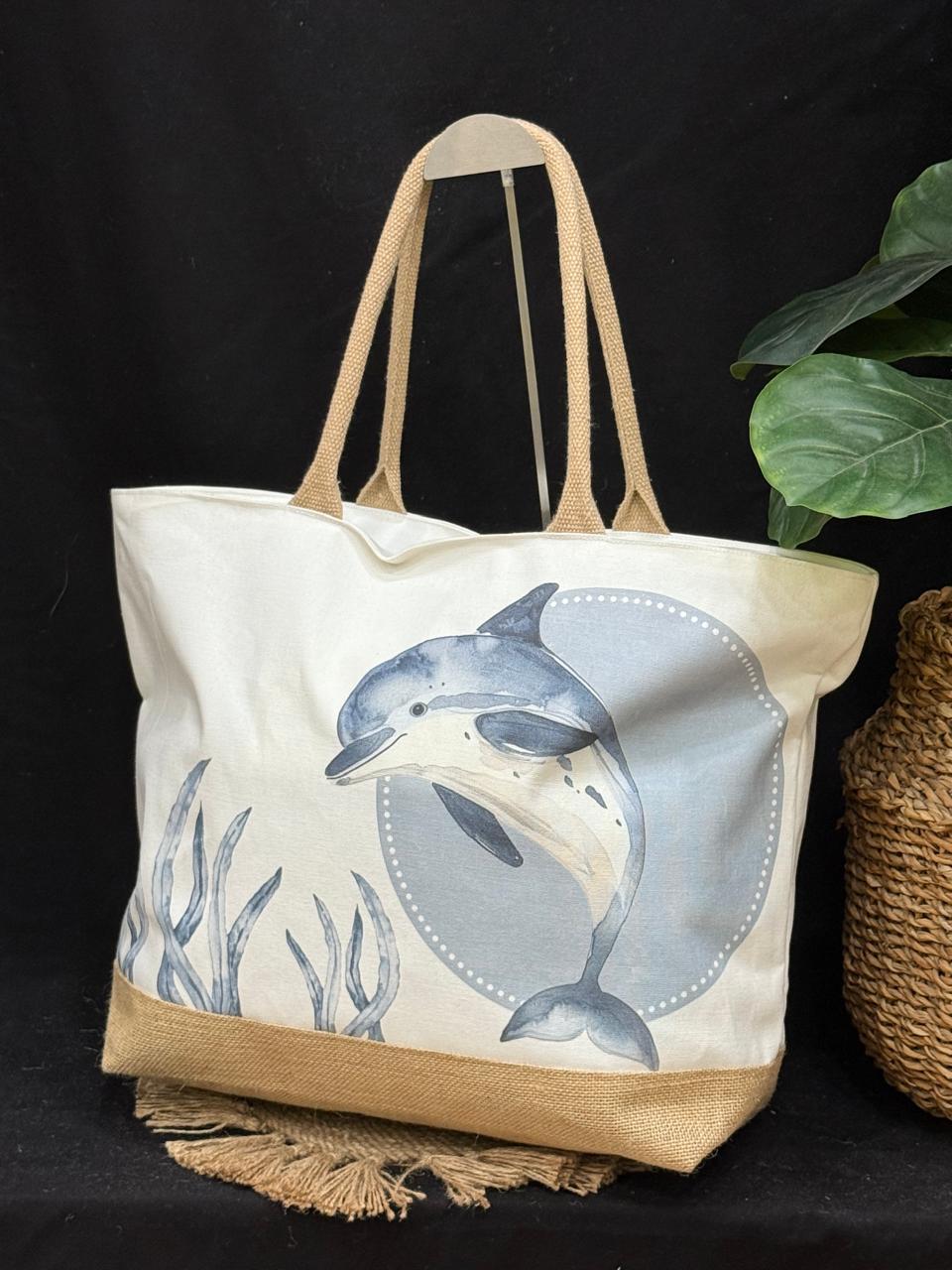 Bimini Dolphins Jute Beach Tote Bag