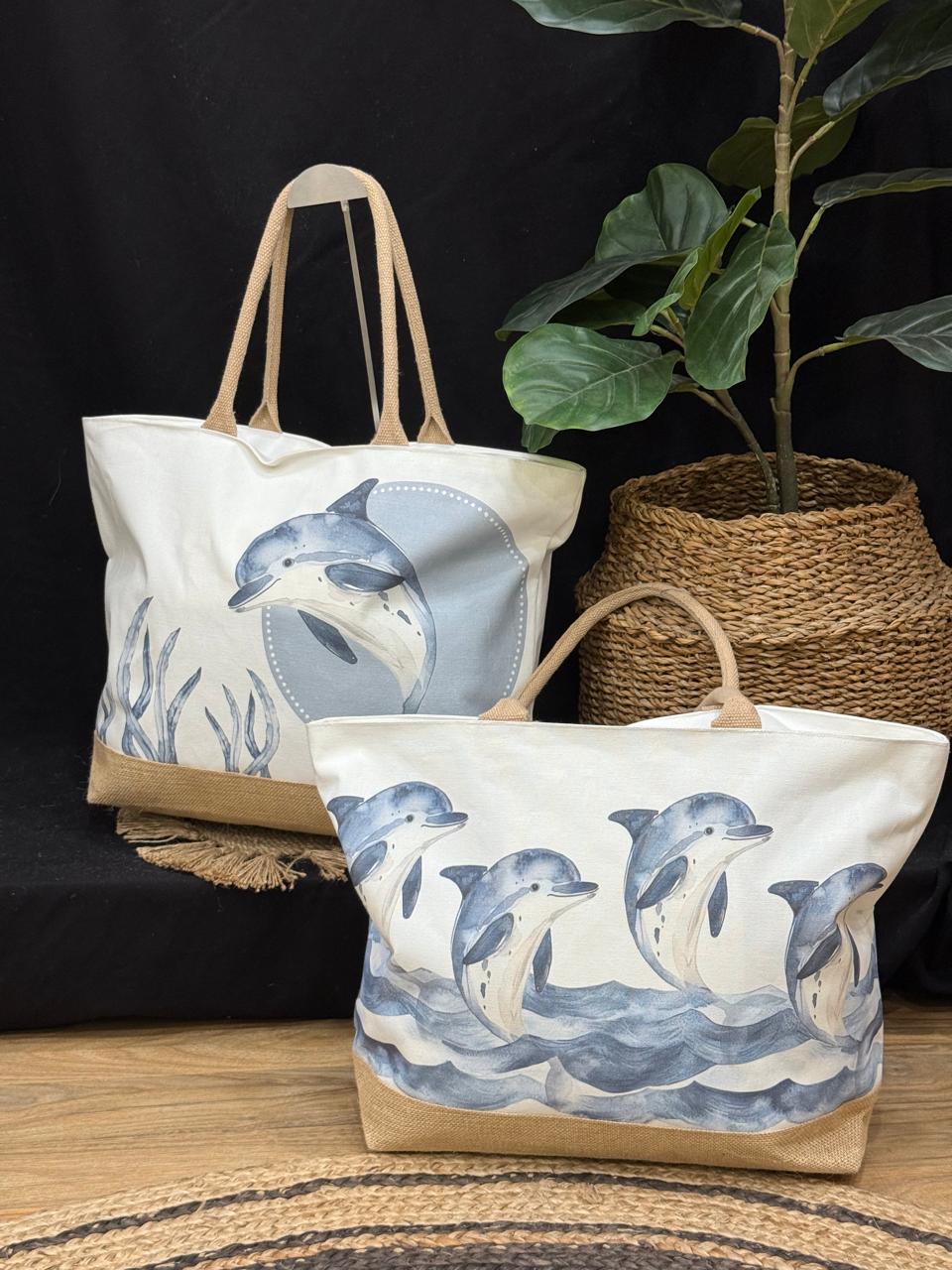 Bimini Dolphins Jute Beach Tote Bag