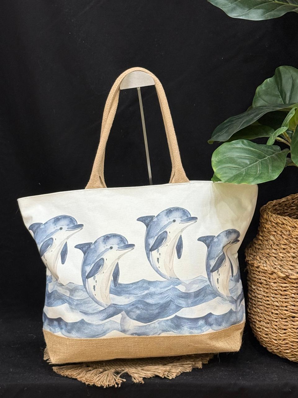 Bimini Dolphins Jute Beach Tote Bag