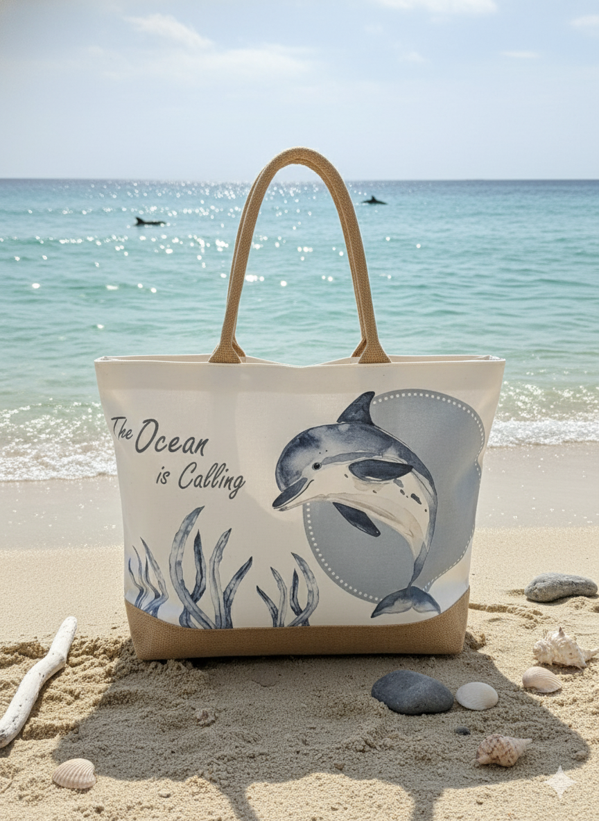 Bimini Jute Beach Tote Bag- Dolphins, Turtle – KanDy Coast