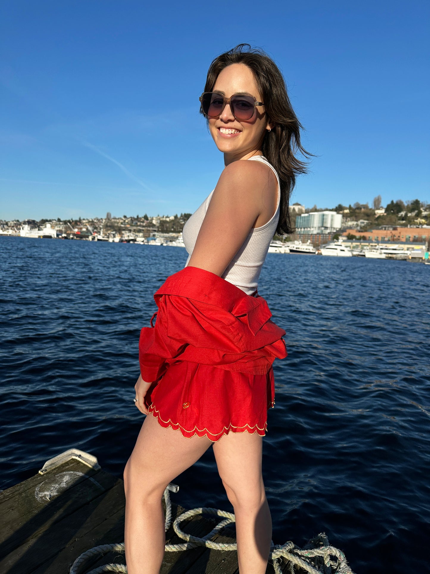 Scalloped Embroidered Red Linen Like Pull-on Shorts