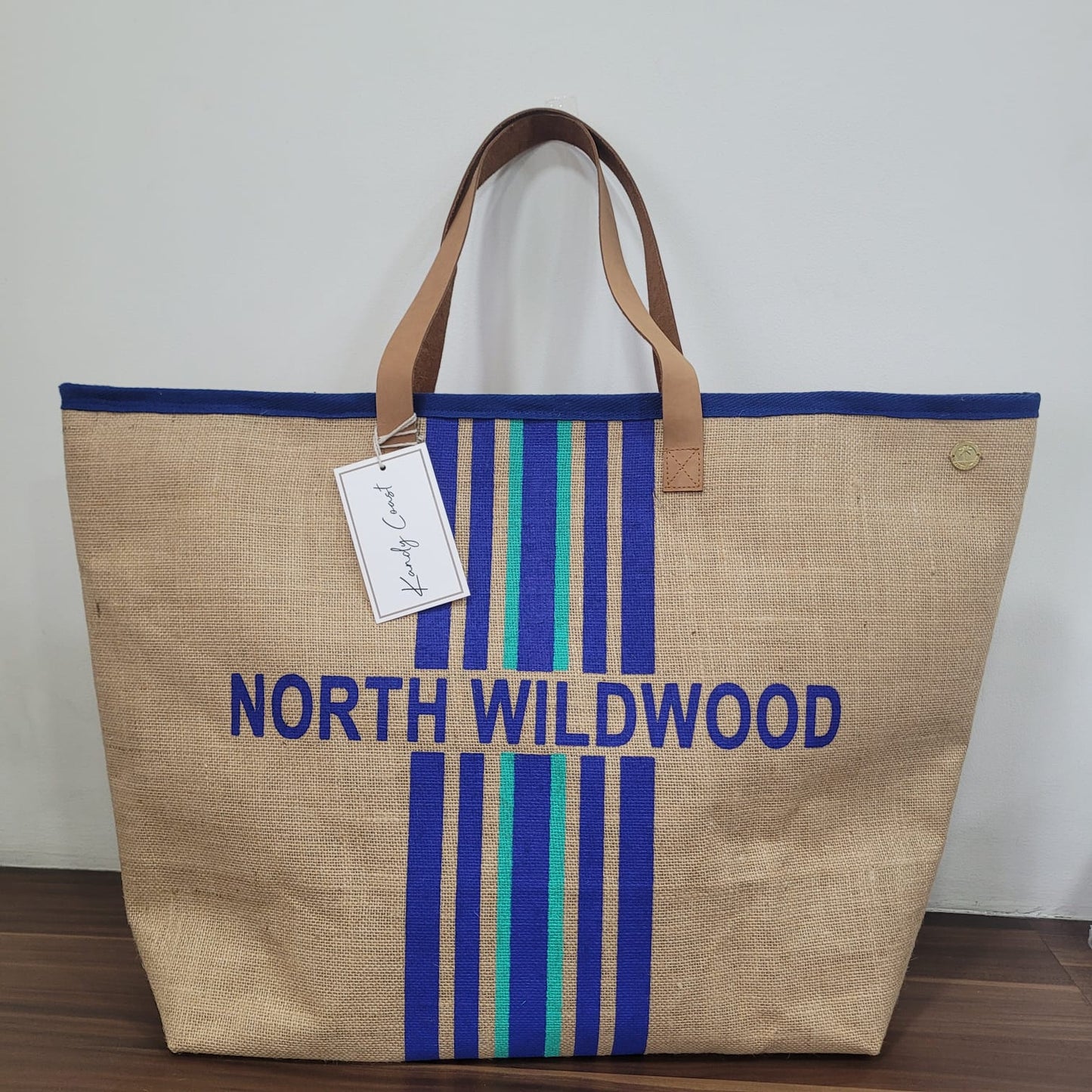 Perry Stripes Extra Large Natural Jute Stripes Bag Custom Text