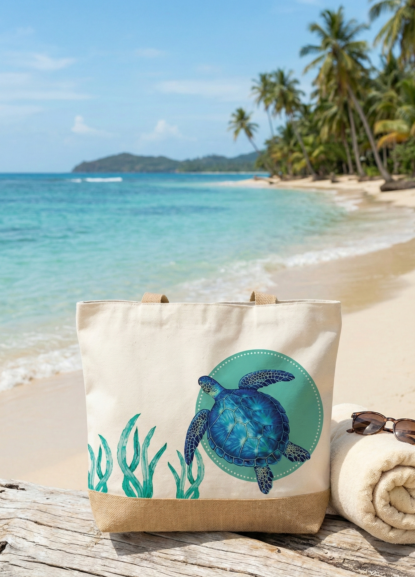 Bimini Jute Beach Tote Bag- Dolphins, Turtle