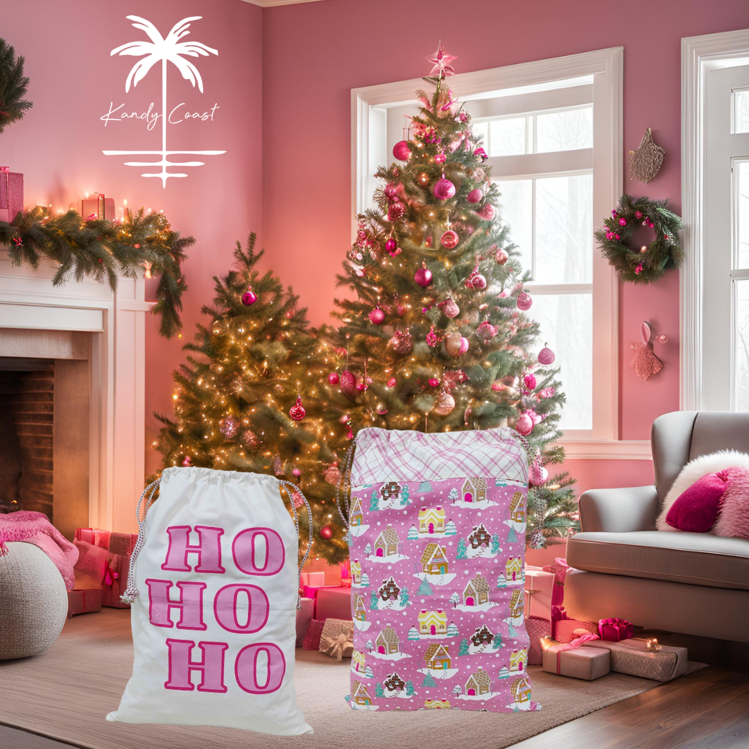 Pink Christmas Medium Santa Sack- Gingerbread