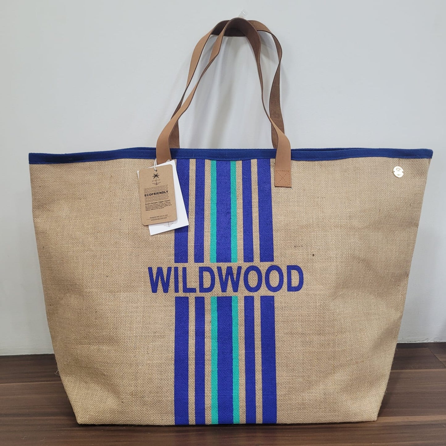 Perry Stripes Extra Large Natural Jute Stripes Bag Custom Text