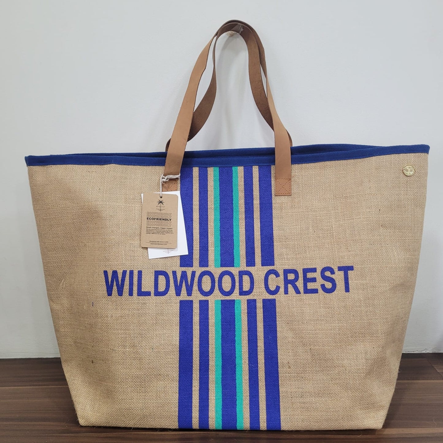 Perry Stripes Extra Large Natural Jute Stripes Bag Custom Text