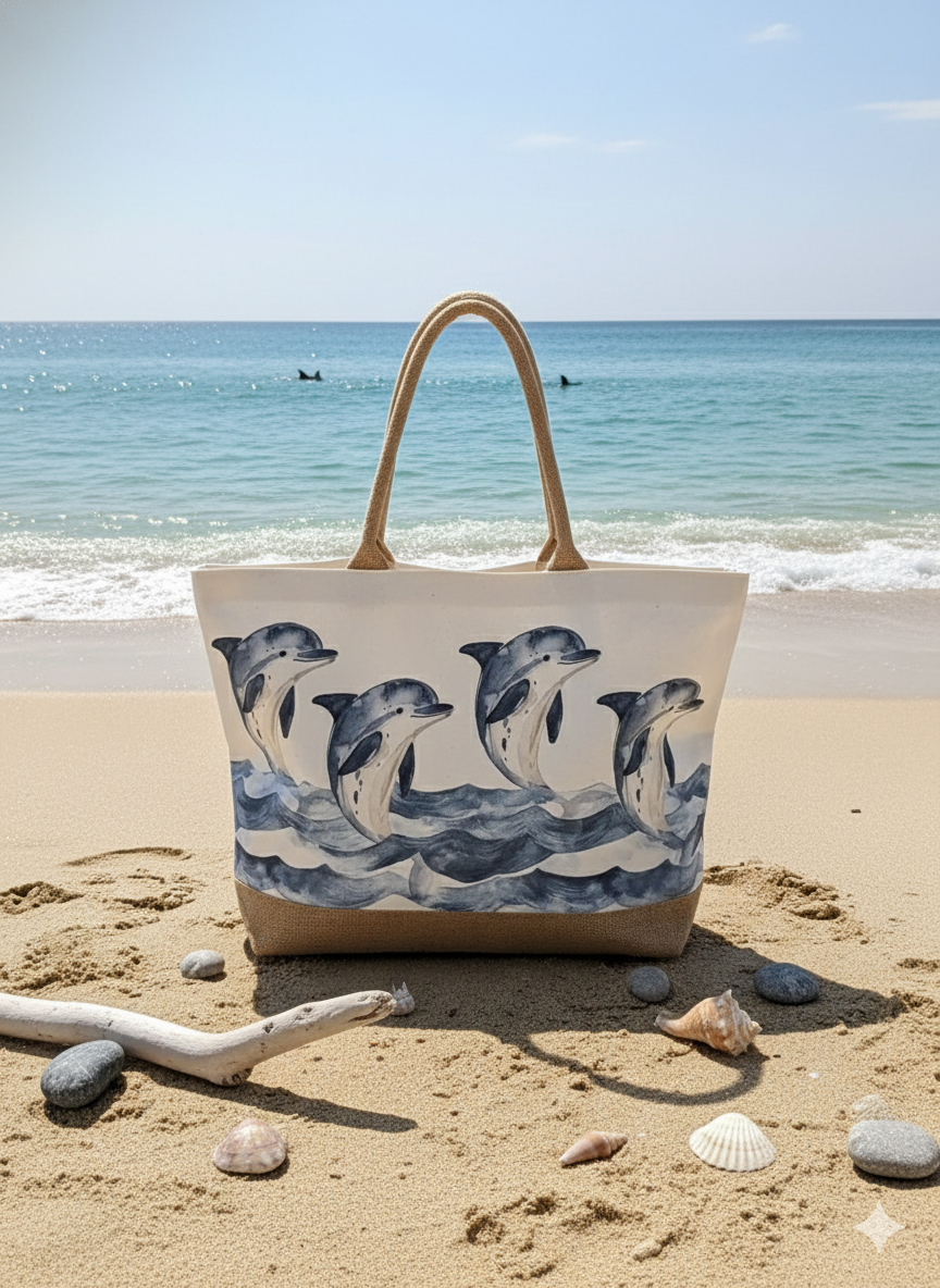 Bimini Dolphins Jute Beach Tote Bag