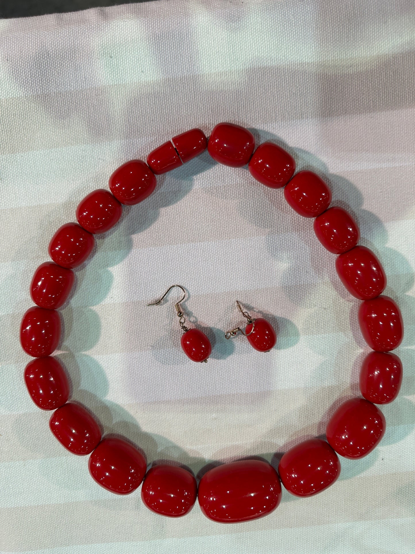 Red Round Chunky Beaded Necklace Matching Earring Set