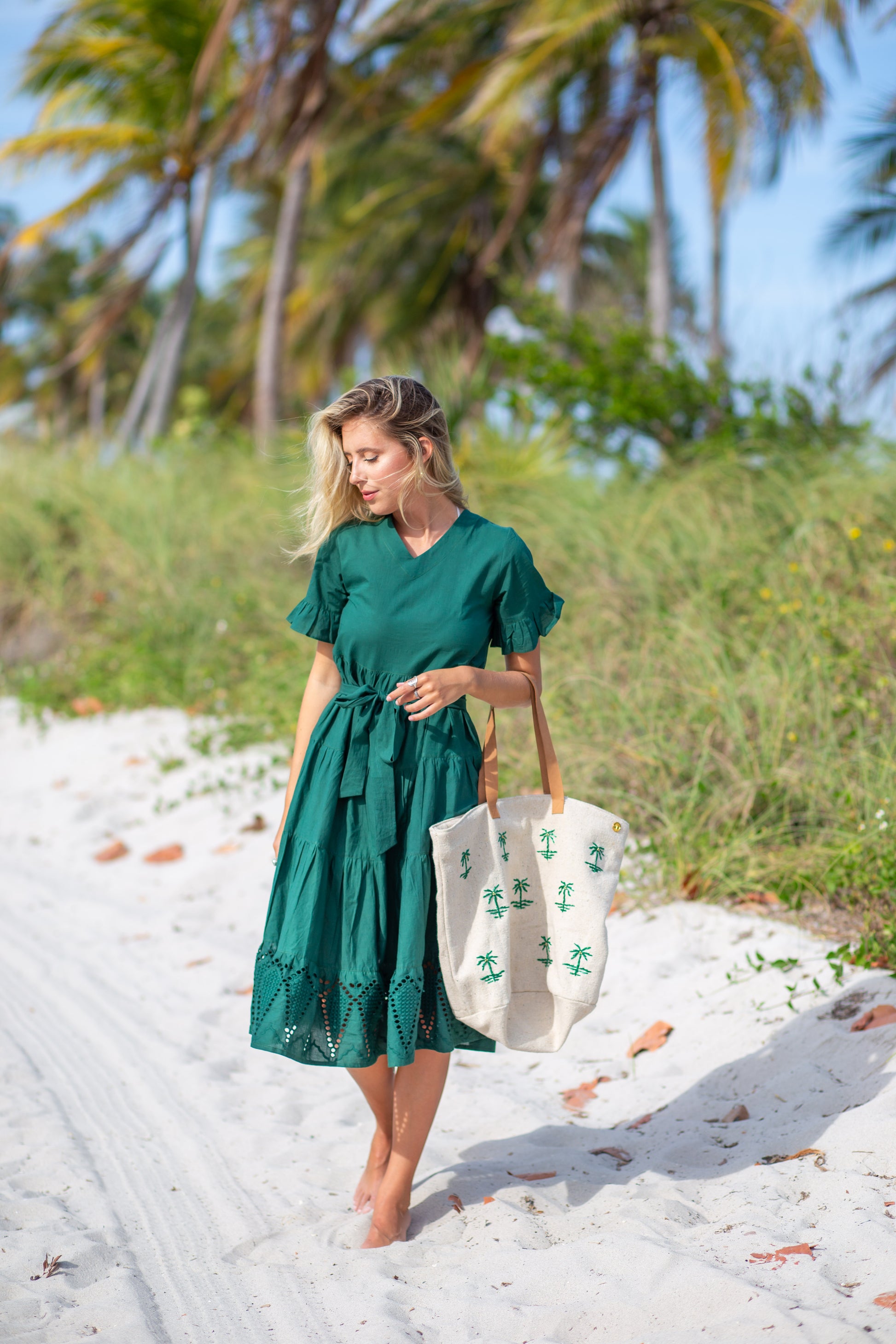 Charlotte Green Eyelet Midi Tier Dress M Charlotte Green Eyelet Midi Tier Dress M