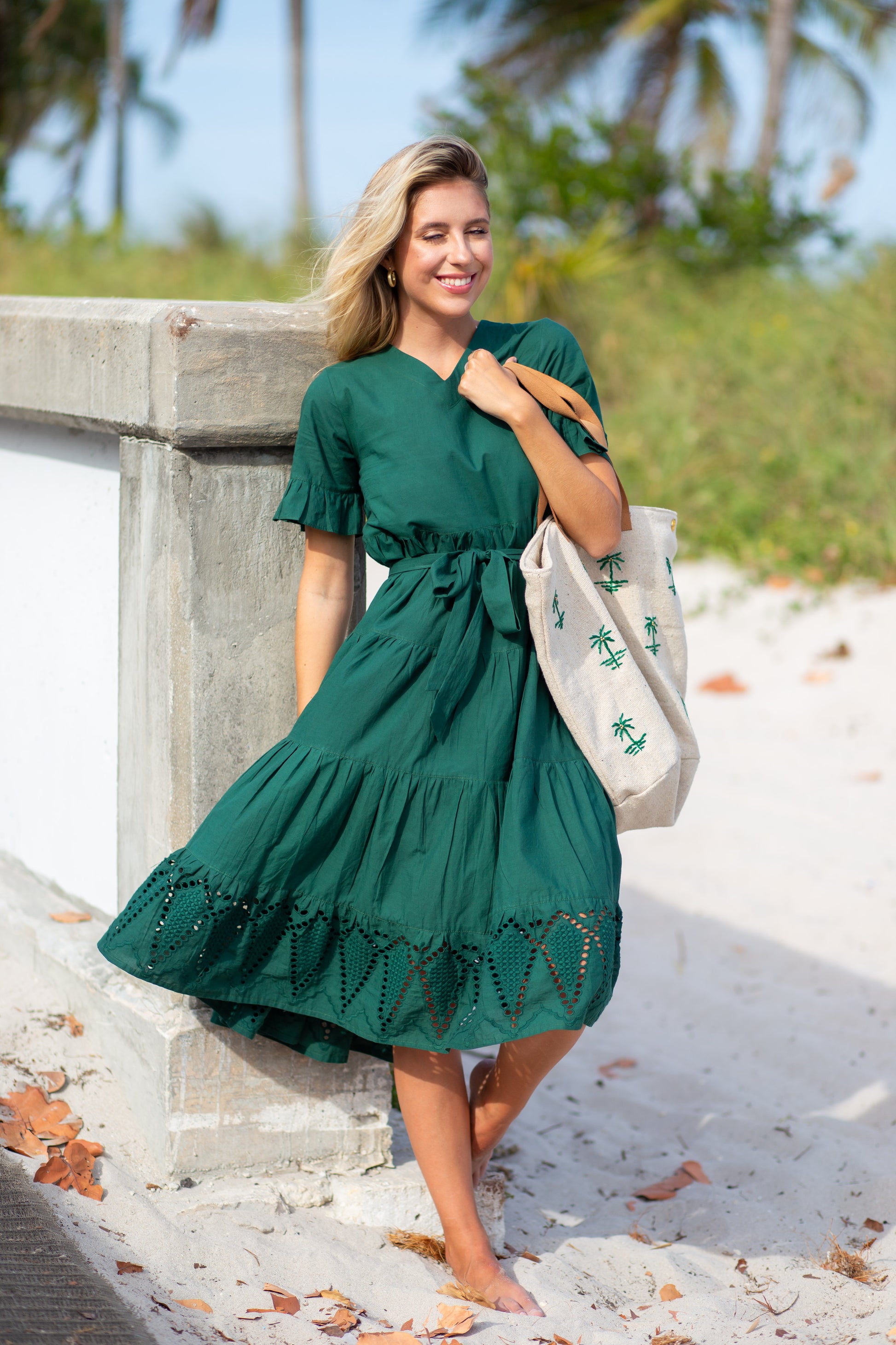 Charlotte Green Eyelet Midi Tier Dress M Charlotte Green Eyelet Midi Tier Dress M