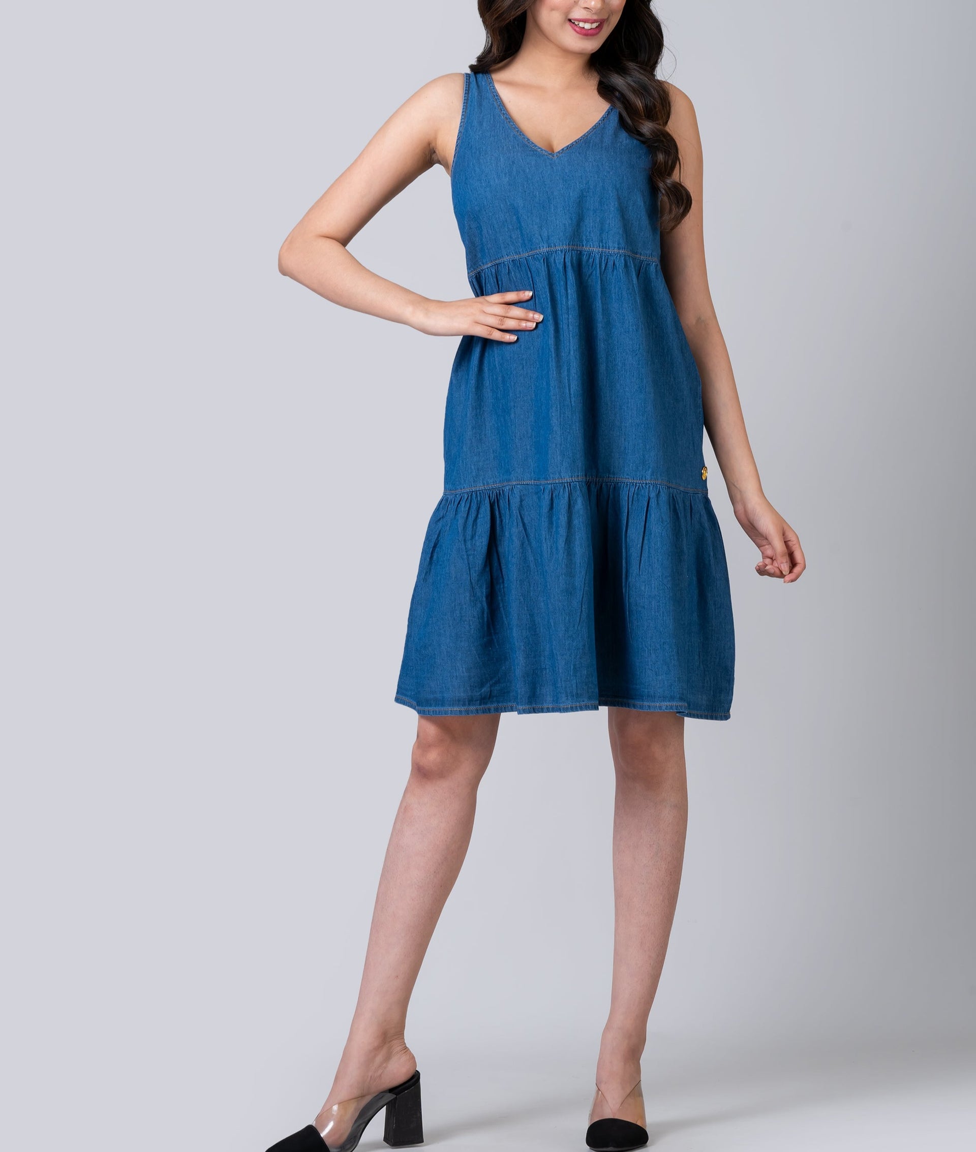 chambray tiered midi dress Bianca Chambray Tiered Midi Dress – KanDy Coast