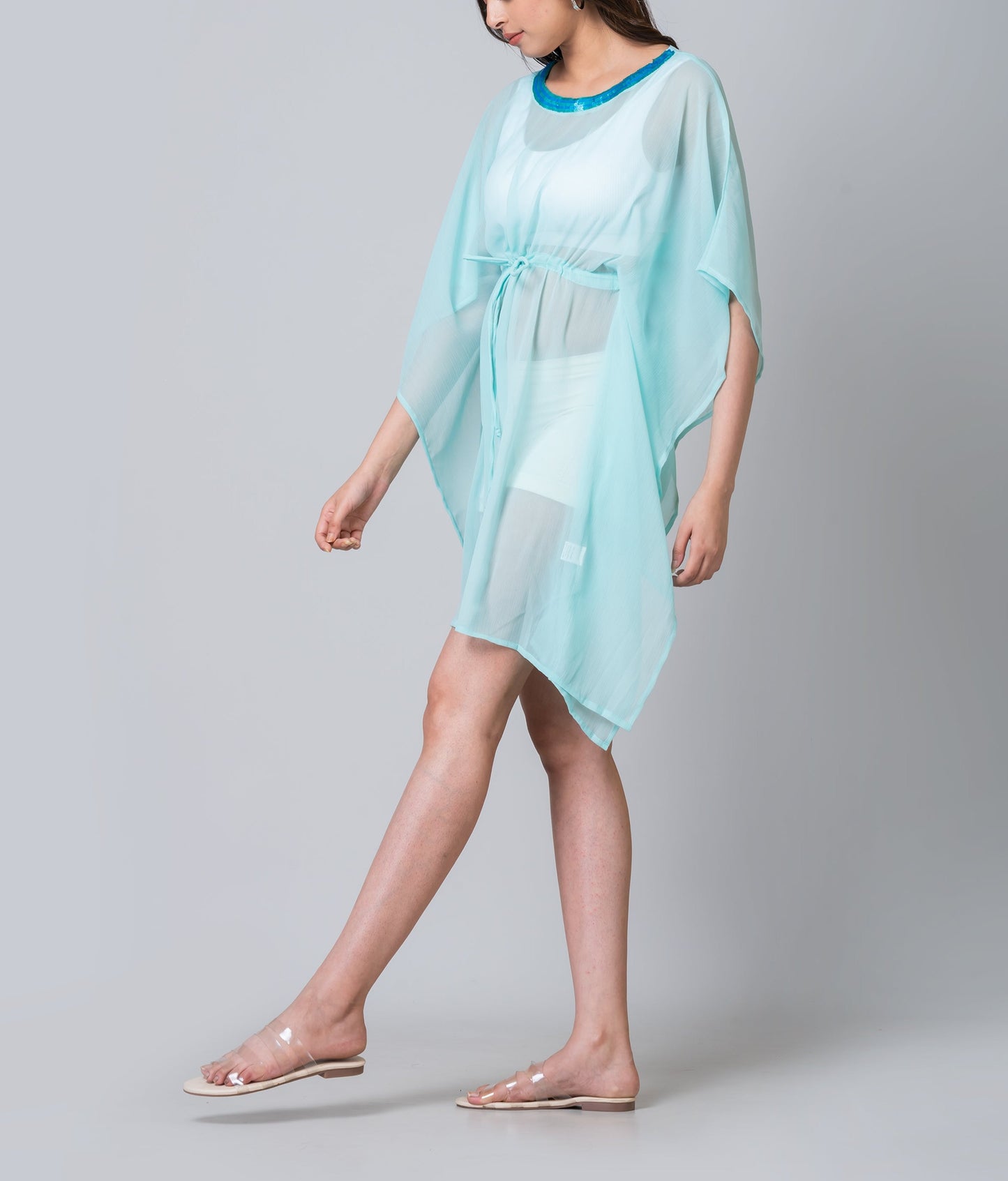 Clara Embroidered Aqua Swim Cover-Up Dress