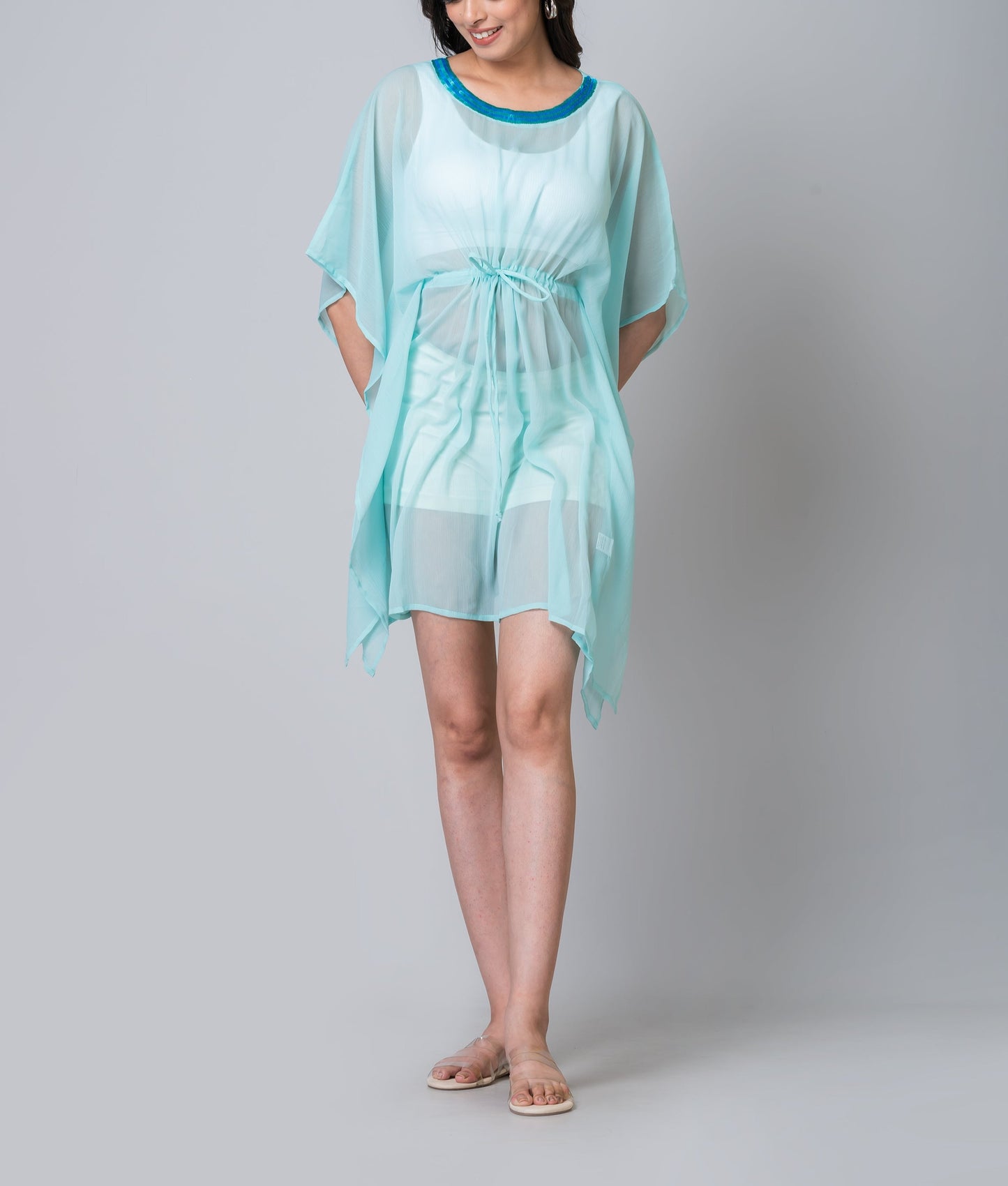 Clara Embroidered Aqua Swim Cover-Up Dress