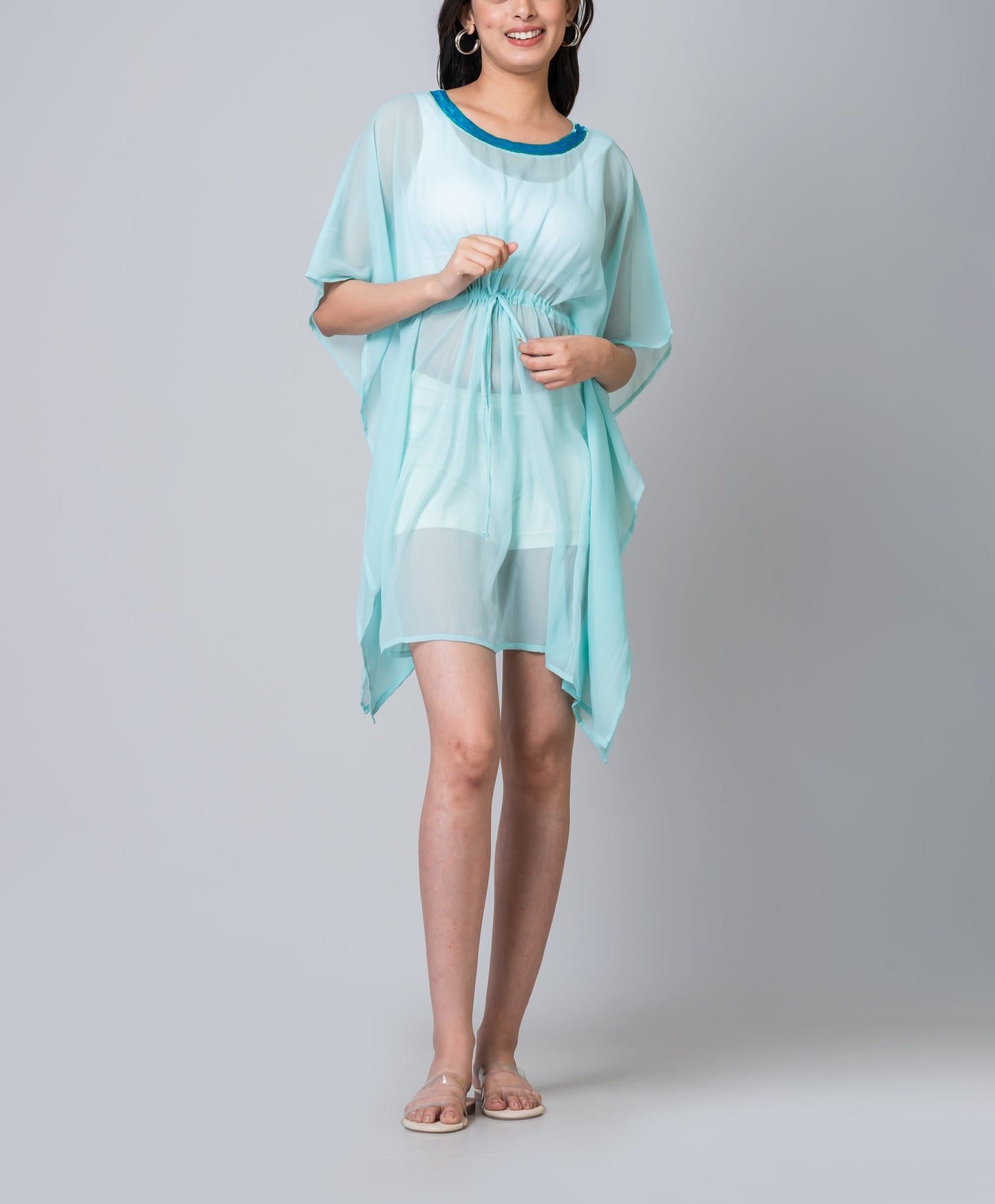 Clara Embroidered Aqua Swim Cover-Up Dress