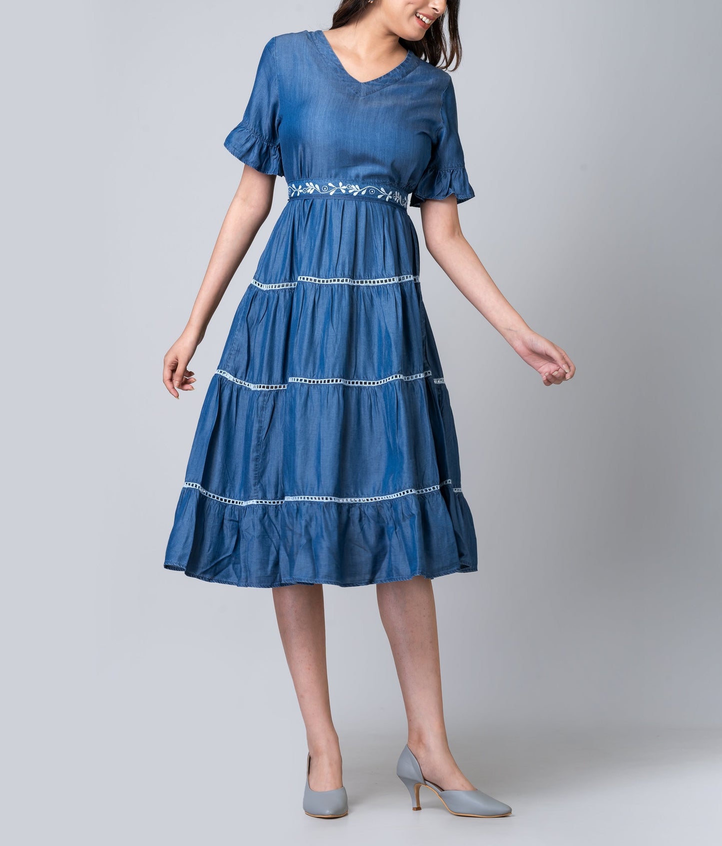 Charlotte Chambray Tiered Midi Dress