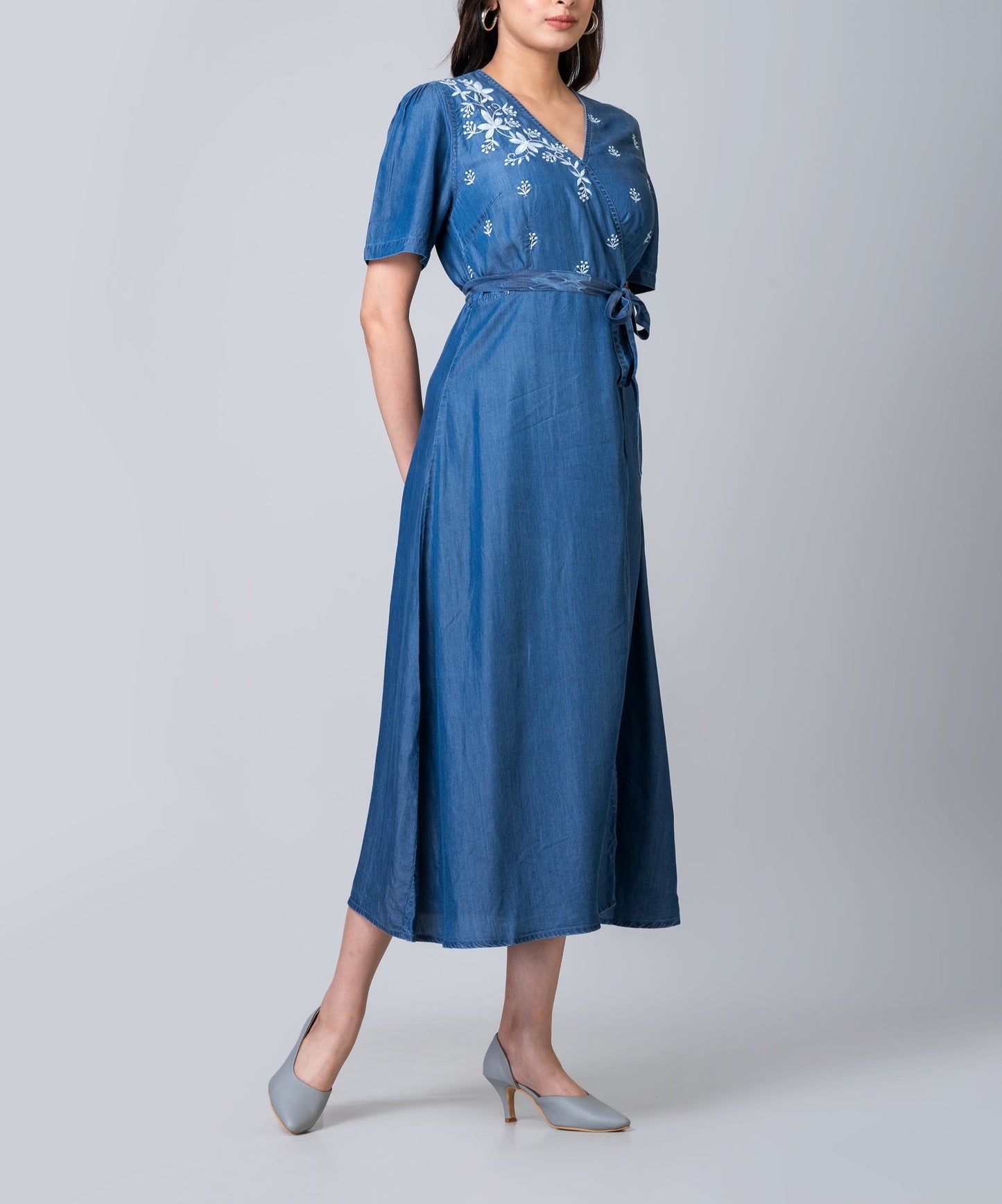 Embroidered Blue Denim Midi Wrap Dress