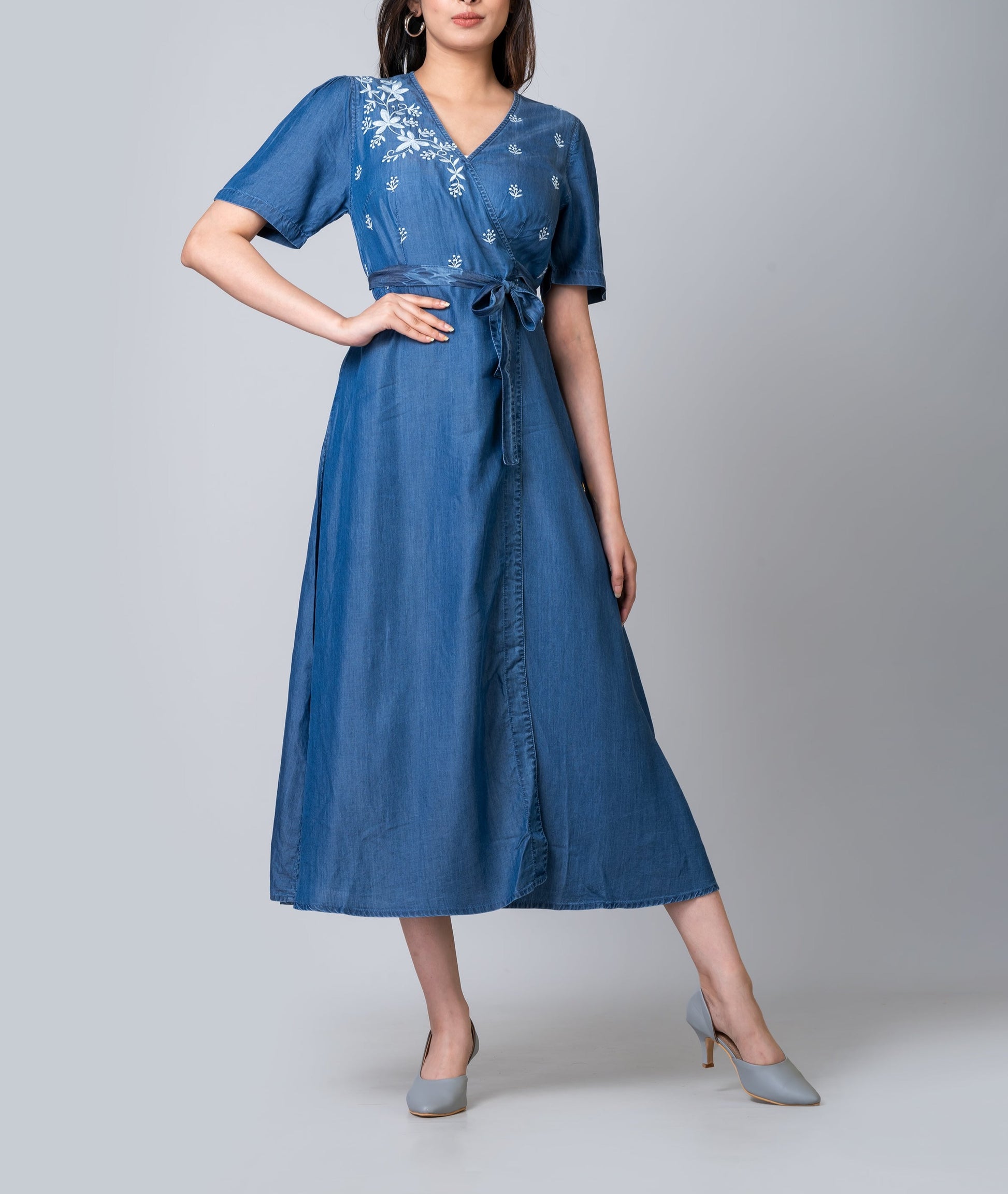 Embroidered Blue Denim Midi Wrap Dress KanDy Coast Embroidered Blue Denim Midi Wrap Dress KanDy Coast