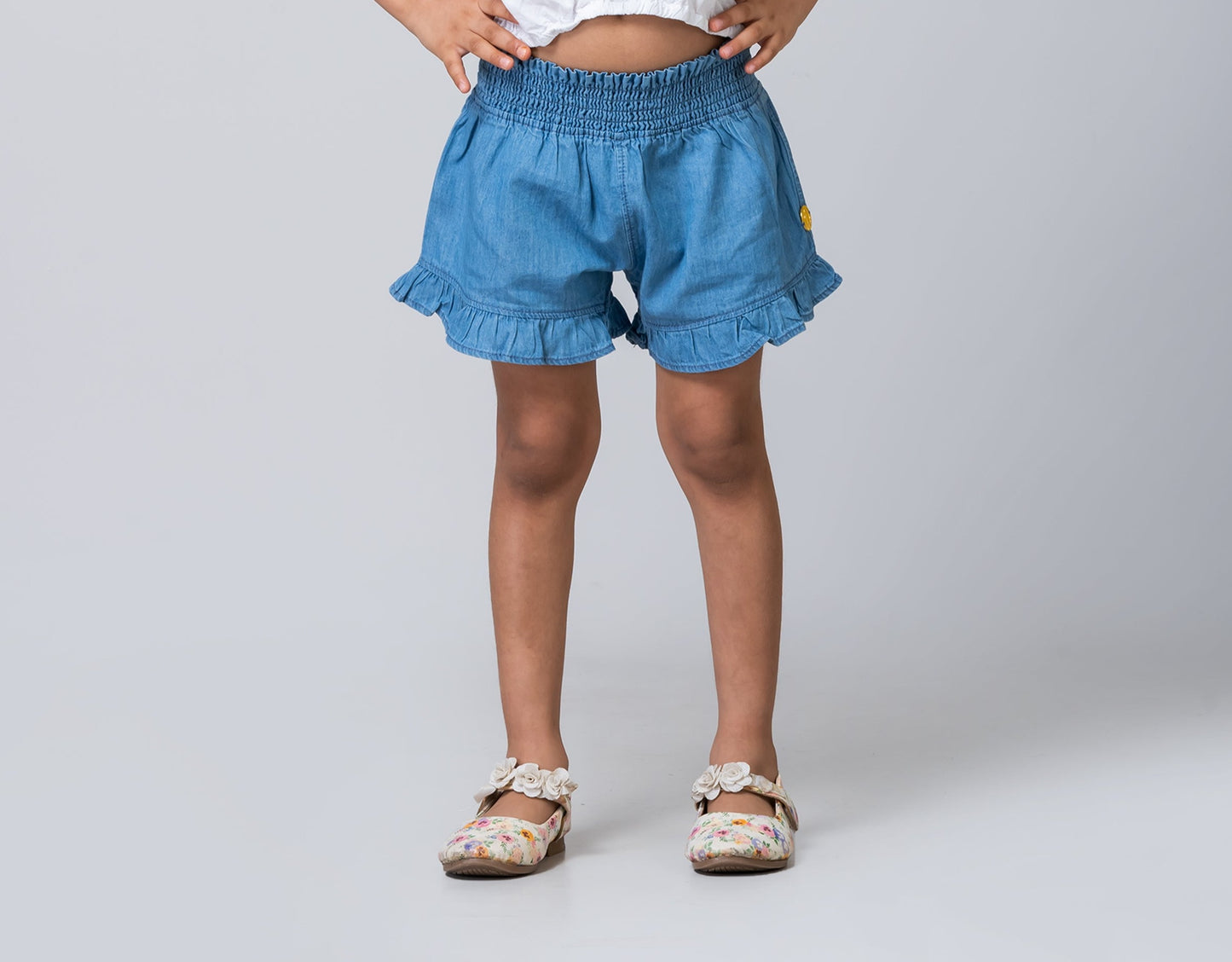 Girls Blue Denim Ruffled Shorts