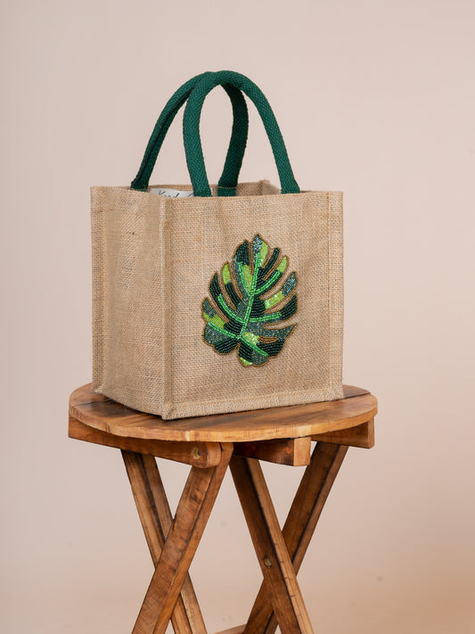 Chelsea  Mini Tote Natural Jute & Leaf Embroidered