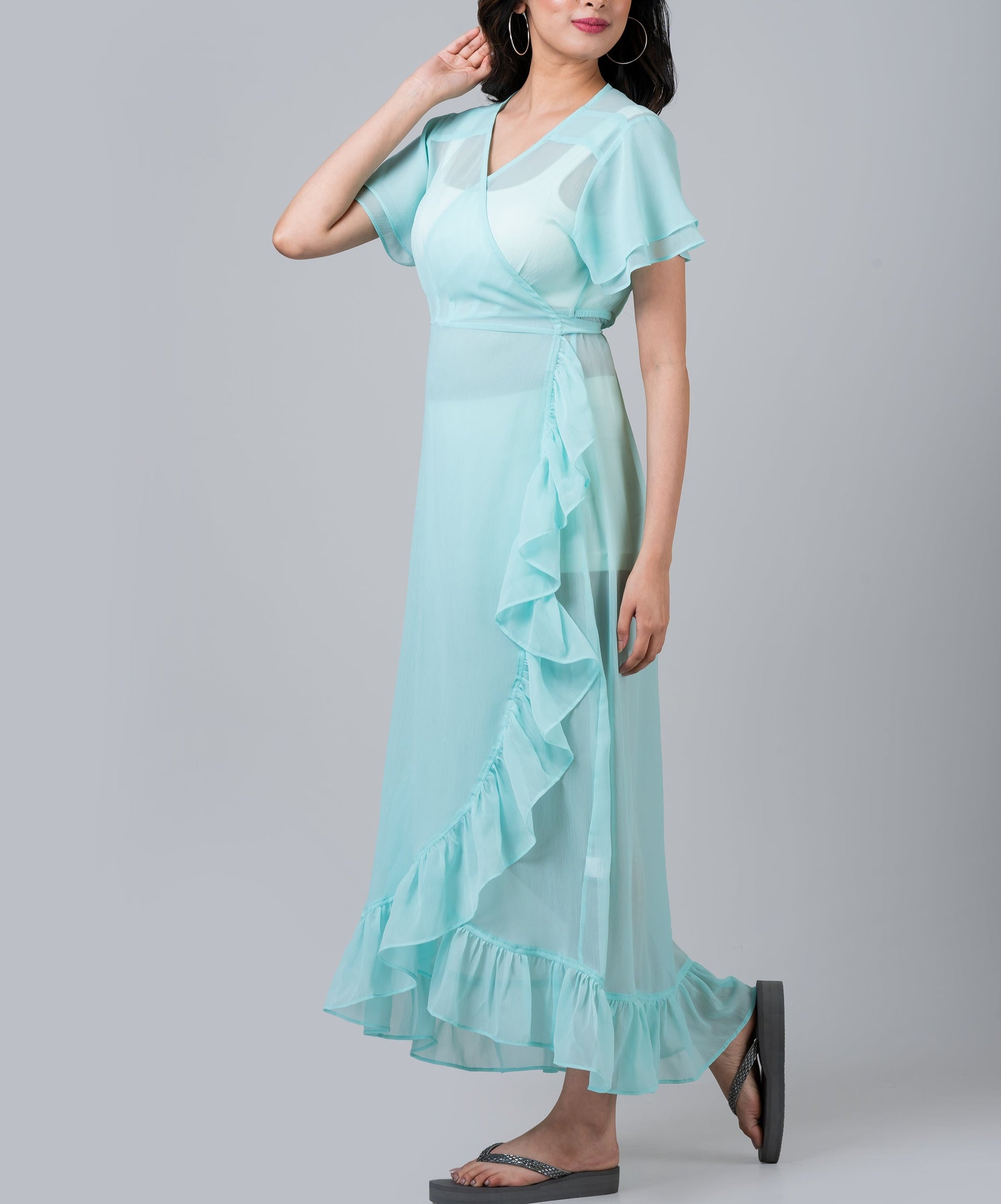 aqua soutache v neck midi dress Ruffled Aqua Swim Cover-Up Midi Dress M