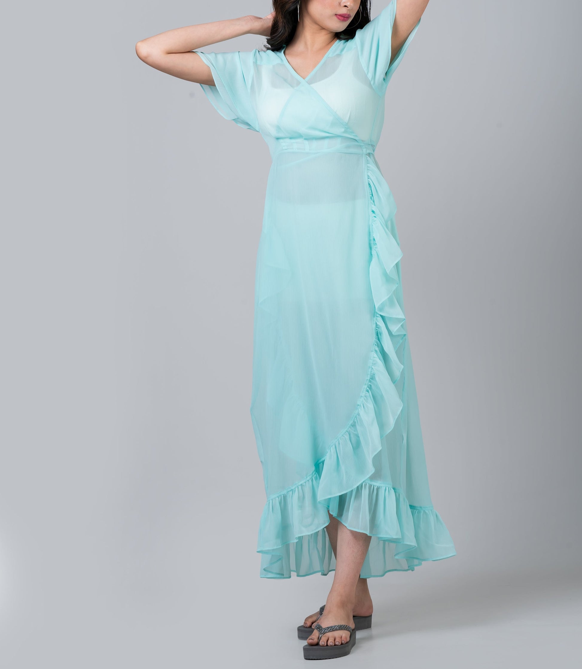 Ruffled Aqua Swim Cover-Up Midi Dress M Ruffled Aqua Swim Cover-Up Midi Dress M