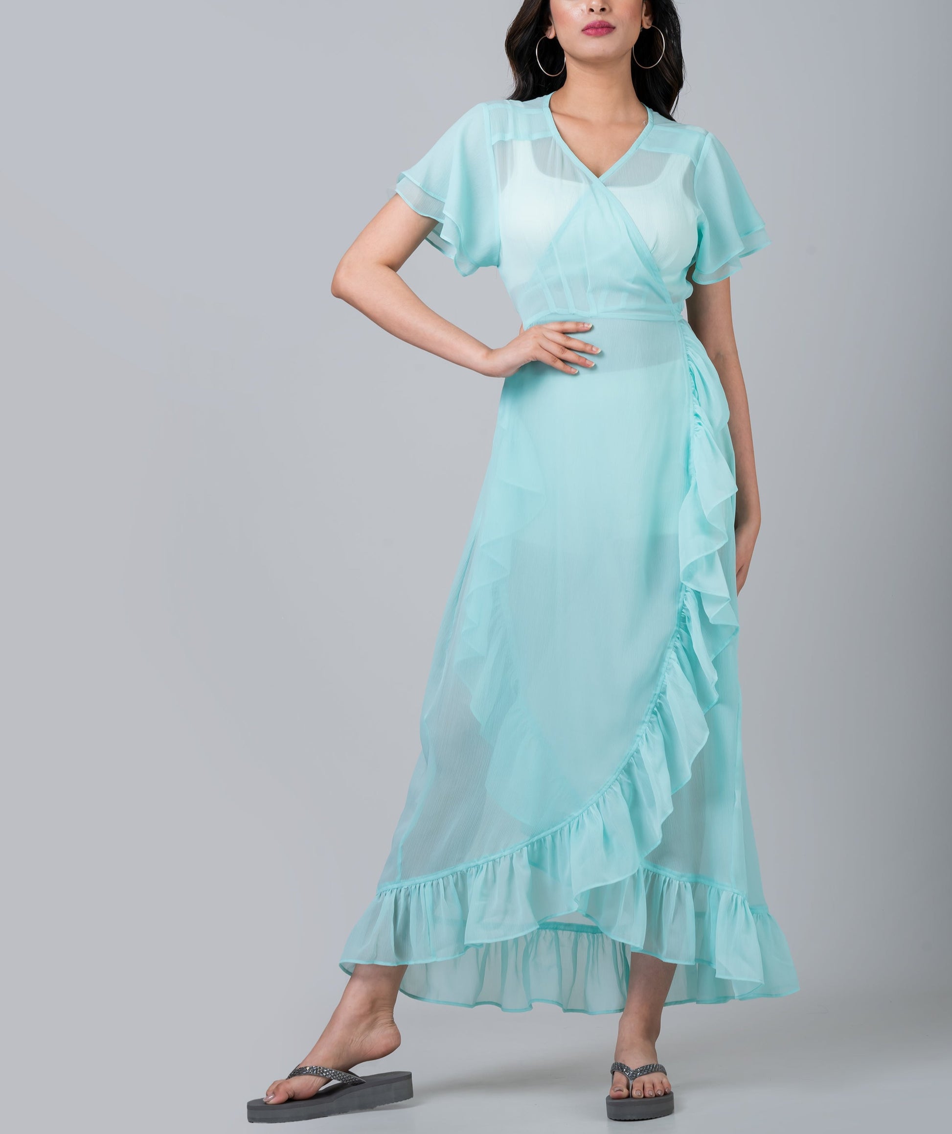 aqua ruched ruffled midi dress Bloomingdale's Aqua strappy ruched midi dress in