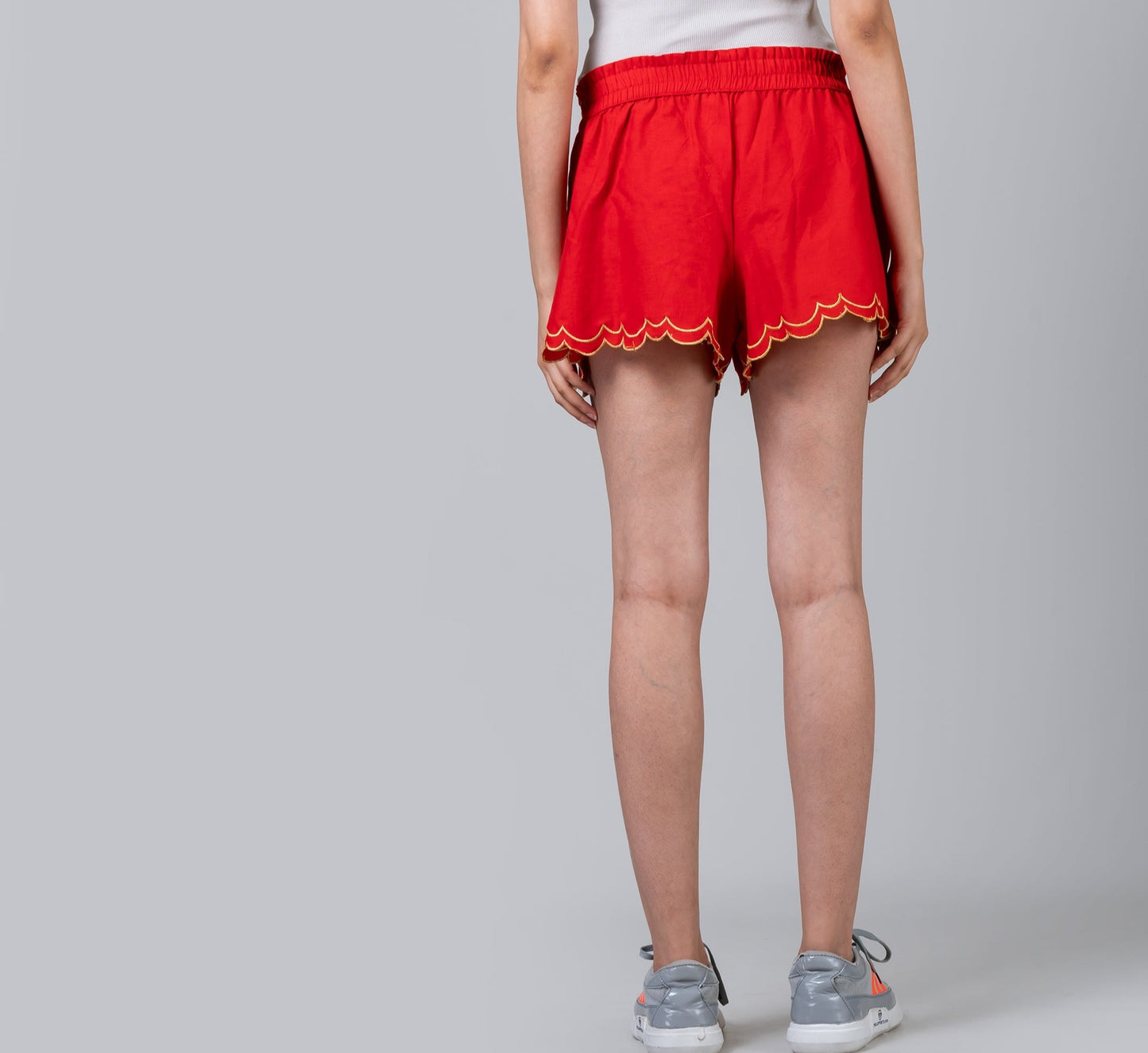 Scalloped Embroidered Red Linen Like Pull-on Shorts
