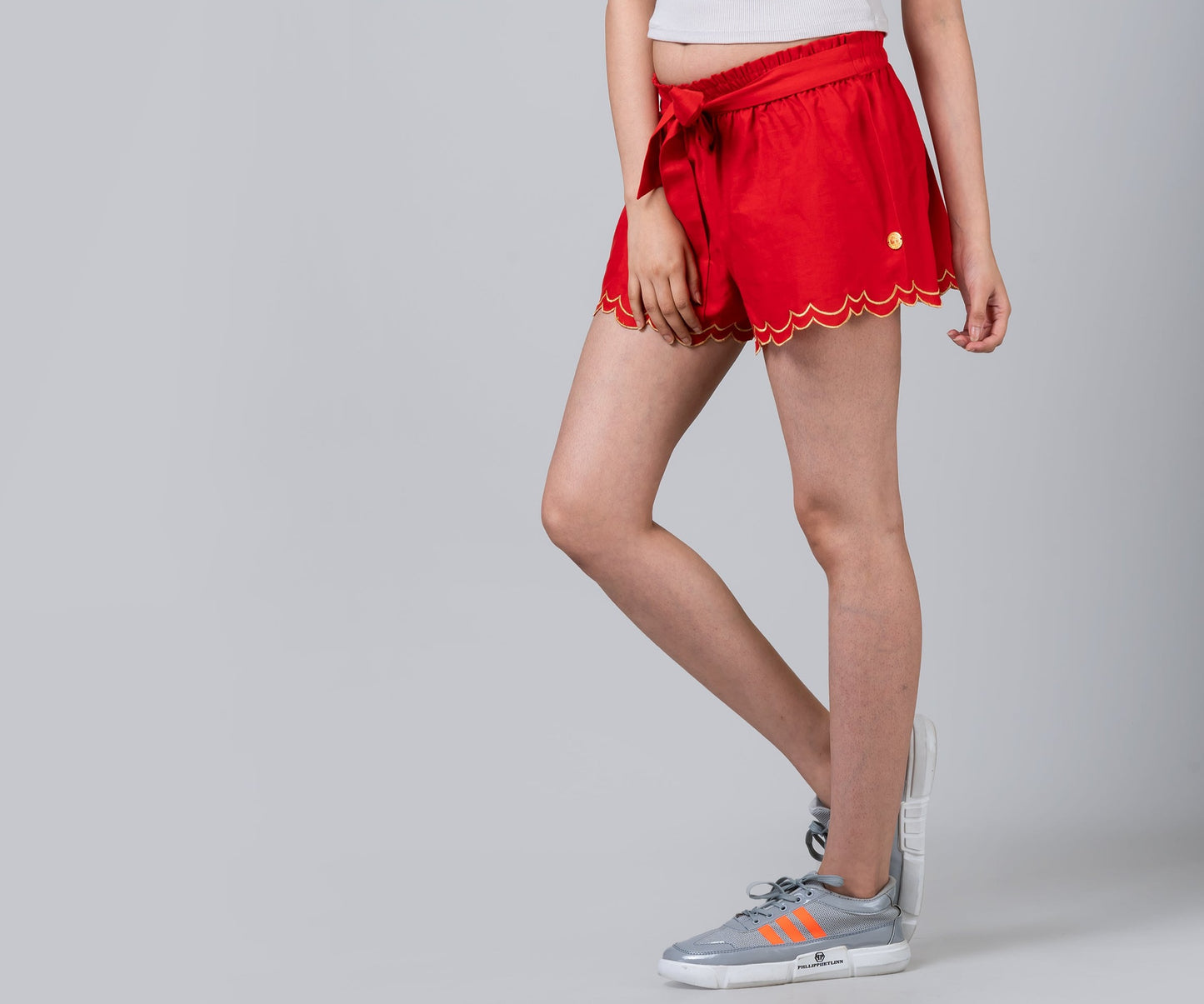 Scalloped Embroidered Red Linen Like Pull-on Shorts