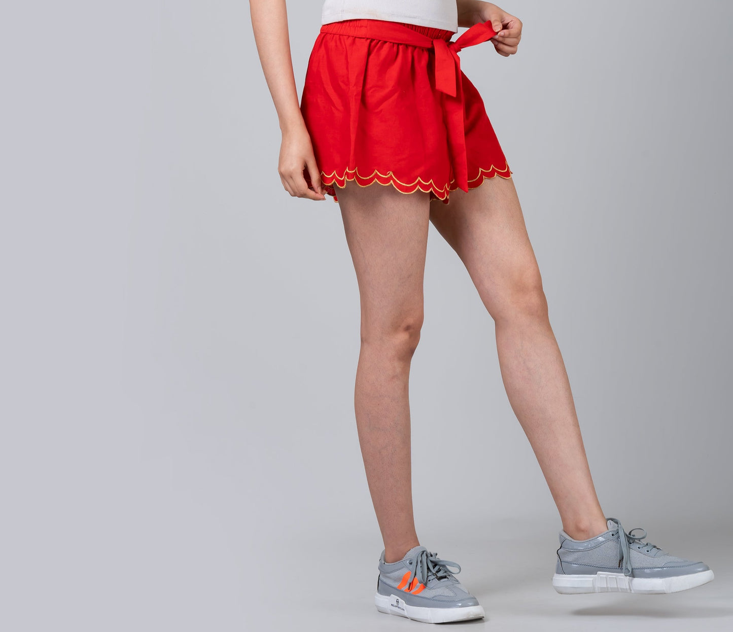 Scalloped Embroidered Red Linen Like Pull-on Shorts