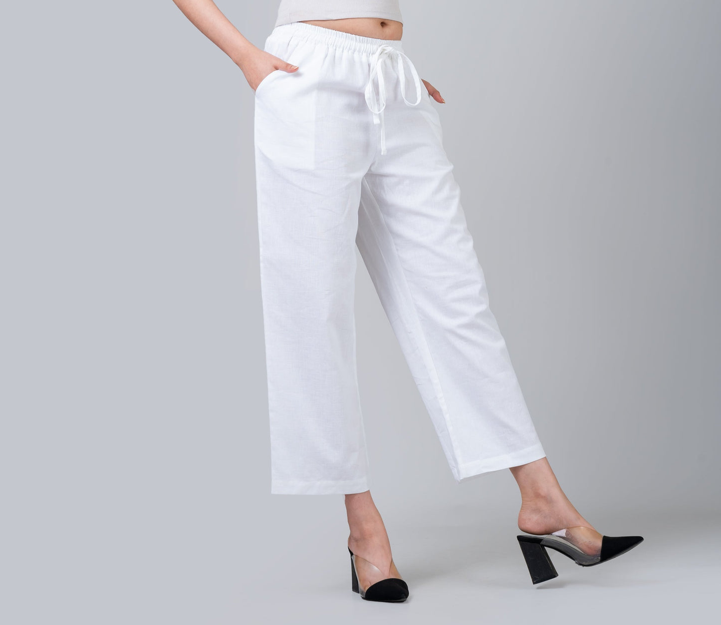 High Waisted White Linen Like Pants