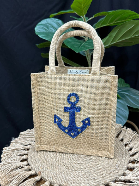 Chelsea Anchor Hand Beaded Mini Jute Tote