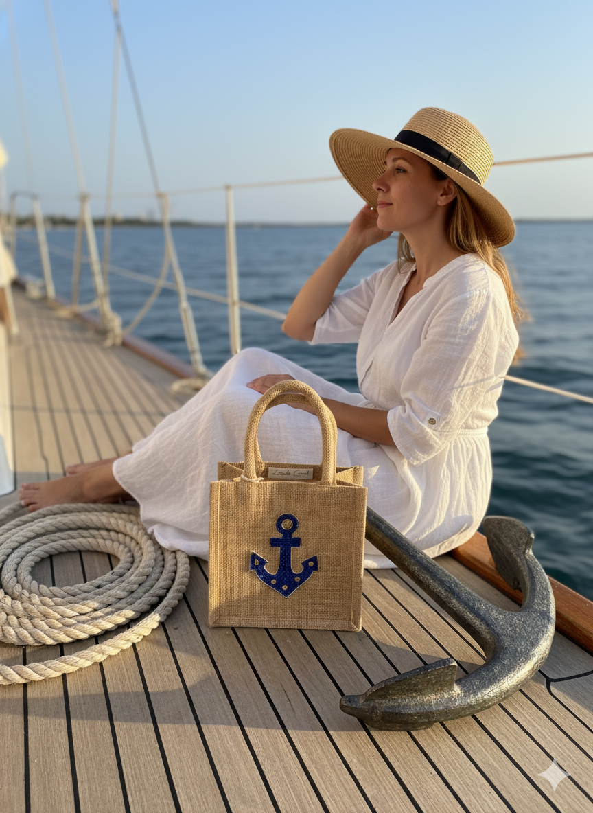 Chelsea Anchor Hand Beaded Mini Jute Tote