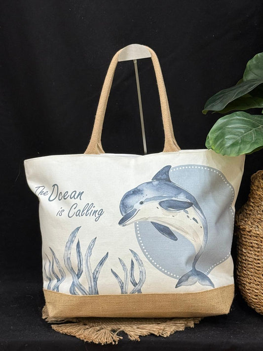 Bimini Dolphins Jute Beach Tote Bag