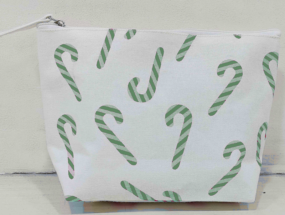 Pink Christmas Candy Cane Cotton Canvas Travel Pouch