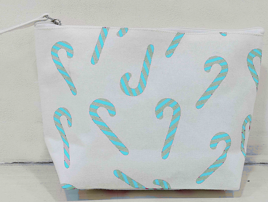 Pink Christmas Candy Cane Cotton Canvas Travel Pouch