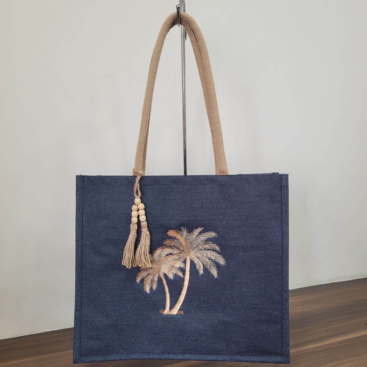 Denim Palms Embroidered Tote Bag
