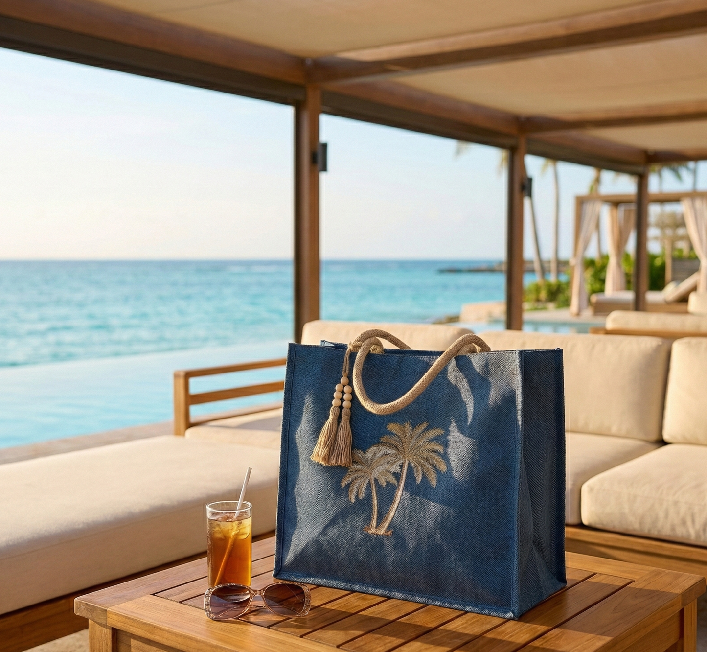 Denim Palms Embroidered Tote Bag