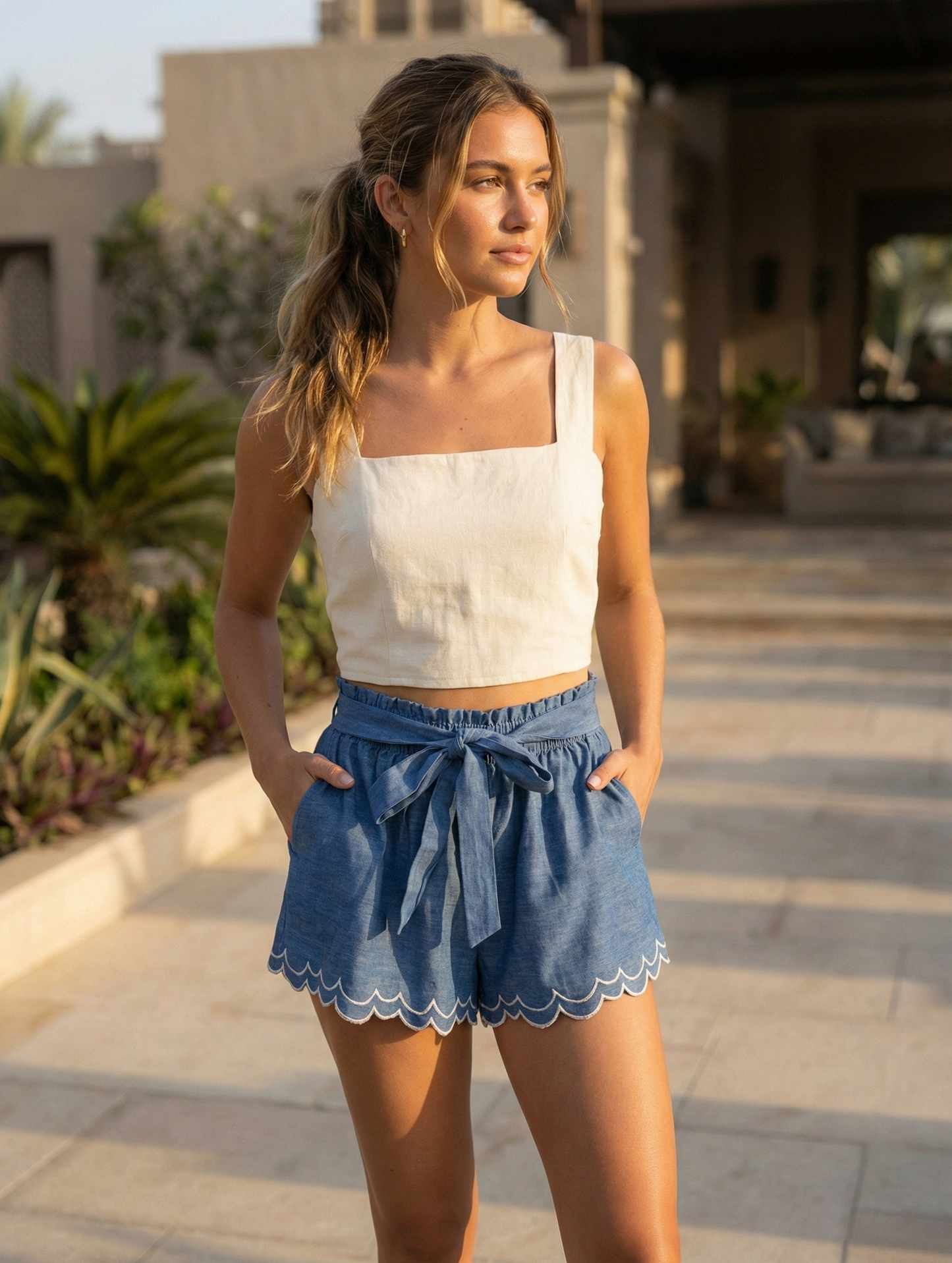 Scalloped Embroidered White Linen Like Pull-on Shorts