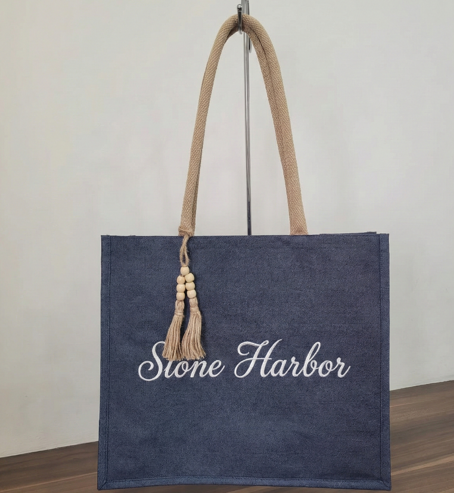 Denim Palms Embroidered Tote Bag