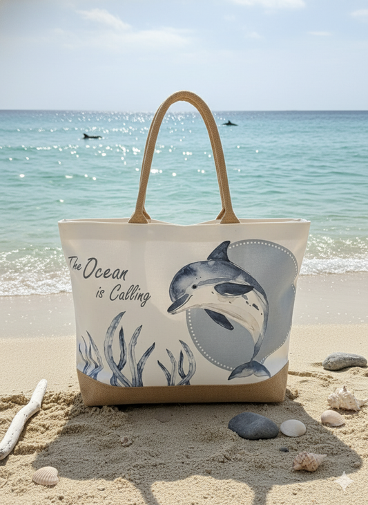 Bimini Dolphins Jute Beach Tote Bag