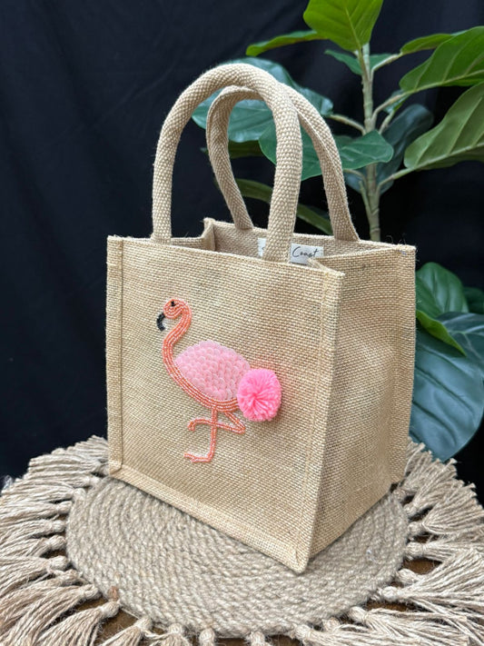 Chelsea Flamingo Hand Beaded Mini Jute Tote