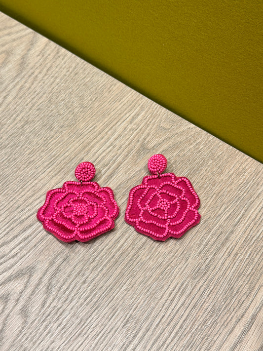 Hot Pink Beaded Rose Drop Earrings