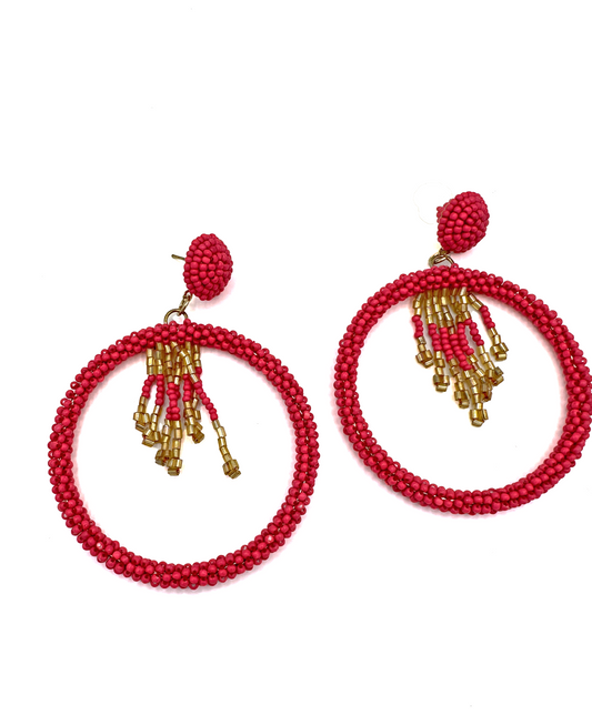 Hot Pink Gold Hanging Beaded Circle Earrings