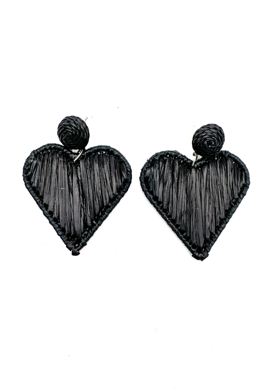 Heart Black Raffia Drop Earrings