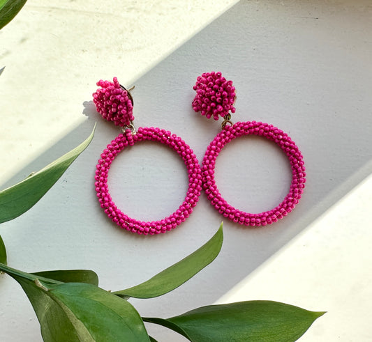 Kiara Hot Pink Beaded Circle Statement Earrings