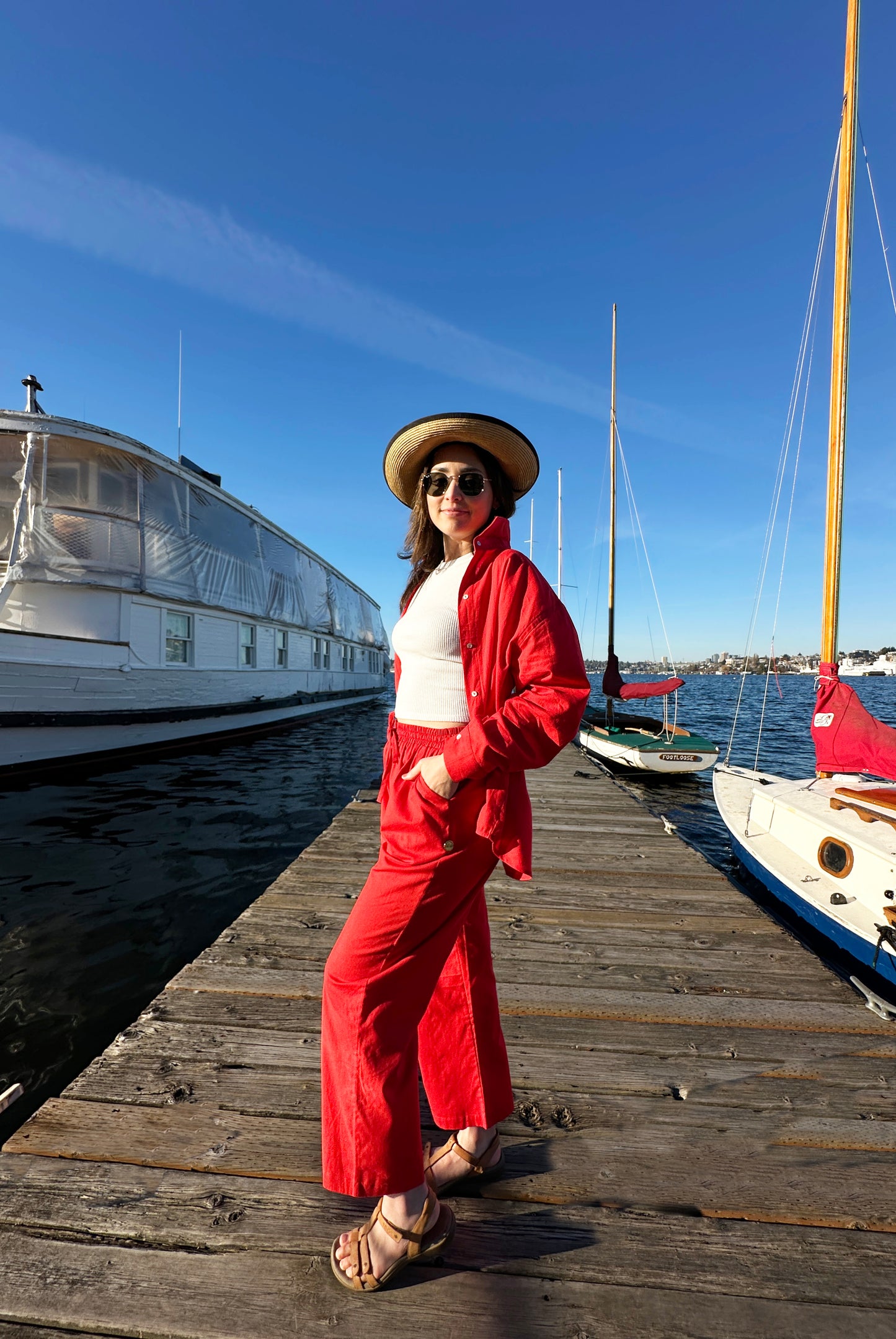 High Waisted Red Linen Like Pants