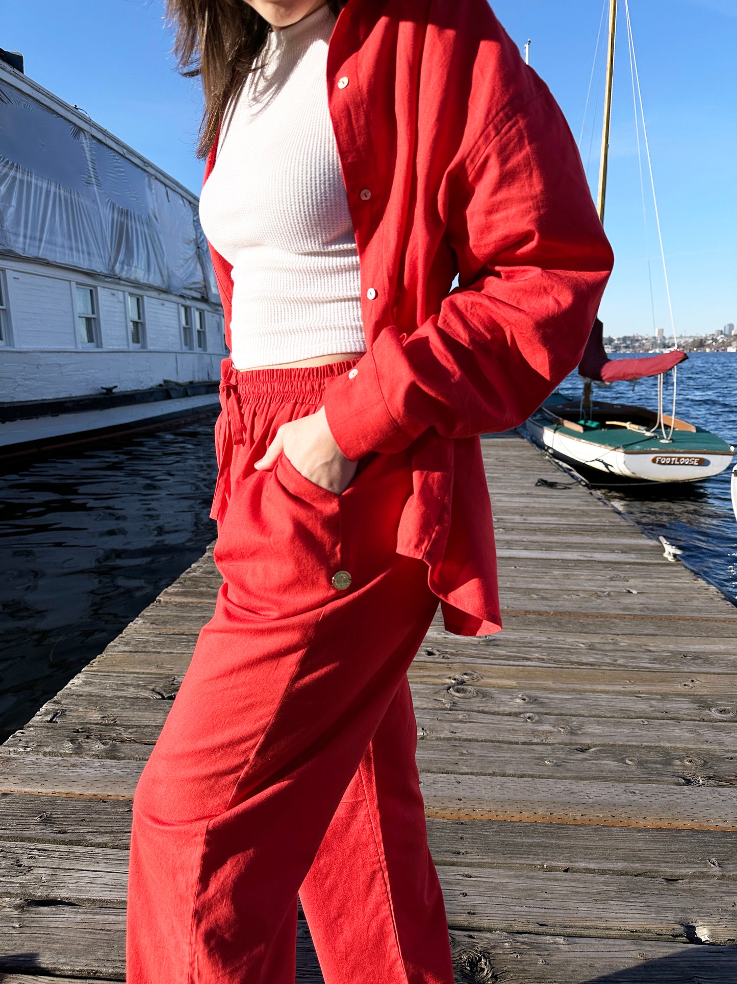 High Waisted Red Linen Like Pants