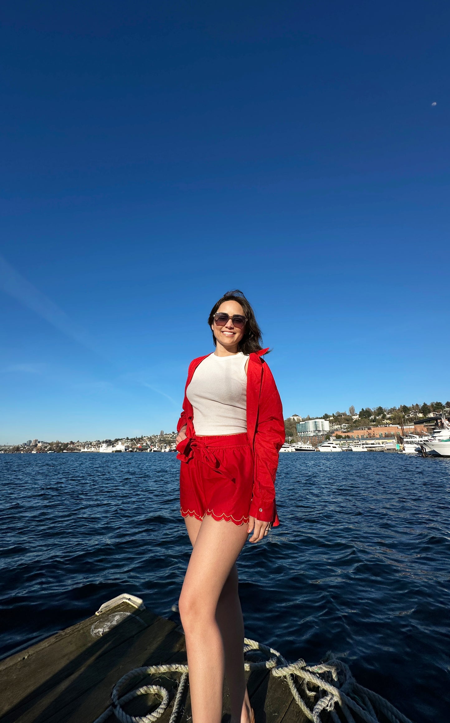 Scalloped Embroidered Red Linen Like Pull-on Shorts